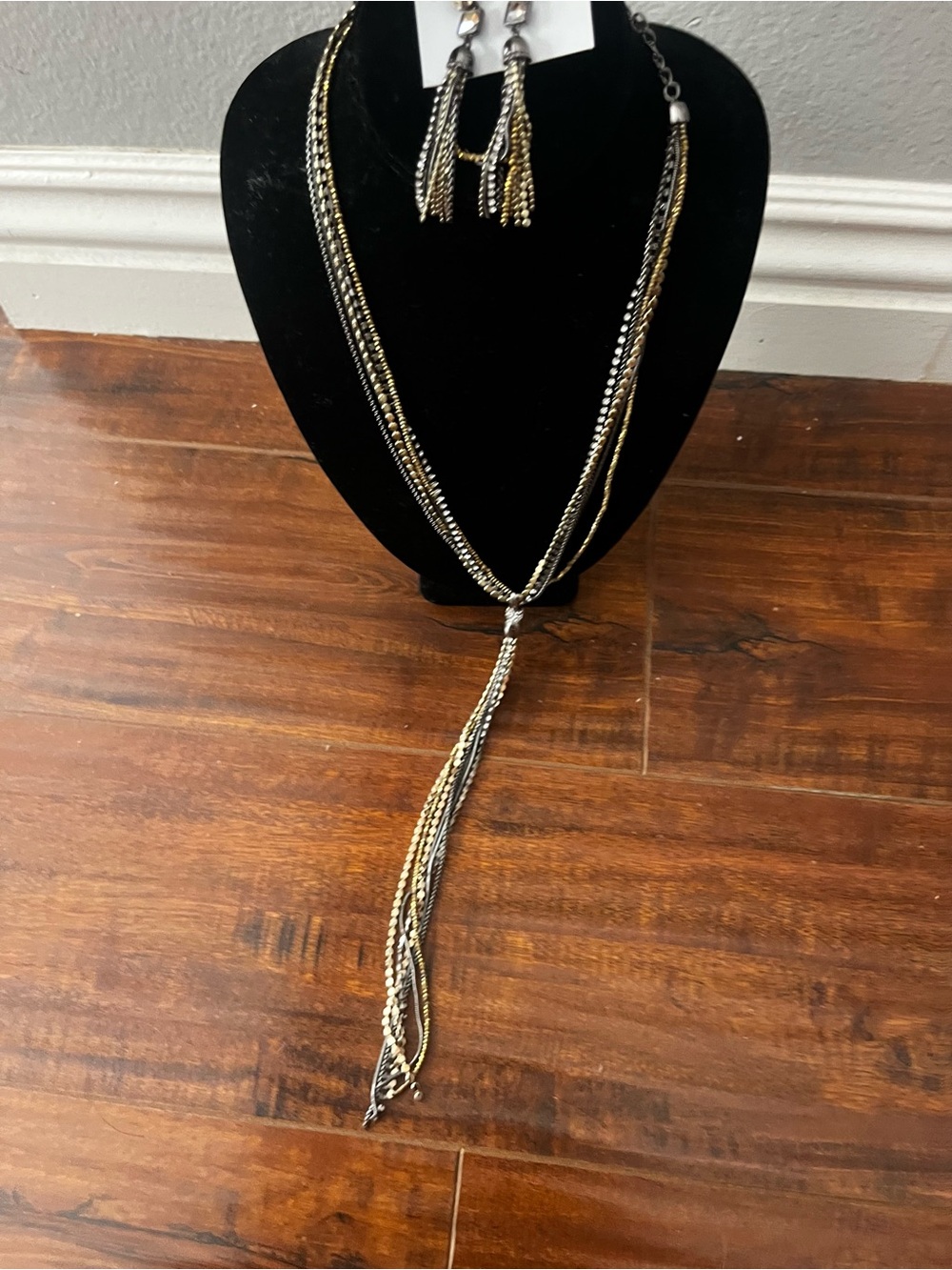 Two-Tone Gold and Silver Multi-Strand Tassel Necklace and Earring Set